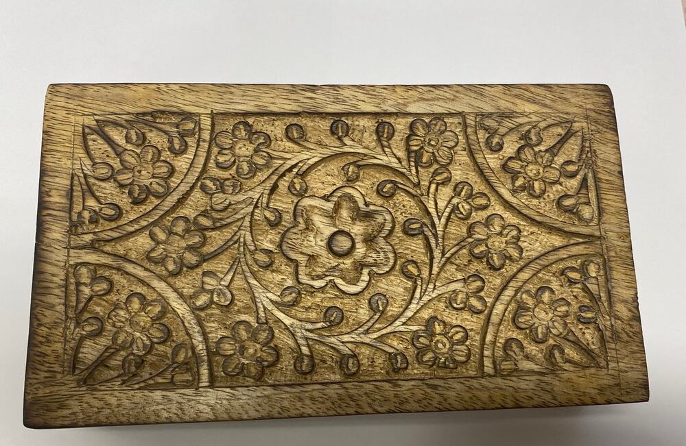 Hand Carved Wooden India Floral Trinket Jewelry Box Pre Owned